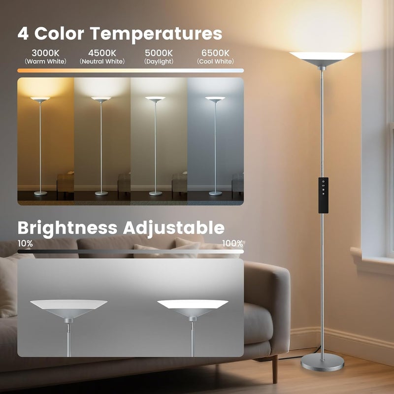 SIBRILLE Silver Torchiere Floor Lamp - 30W Dimmable LED Standing Lamp with Remote/Button Control, 1800Lm, 3000-6500K, 72in Bright Standing Pole Light for Living Room Bedroom Office Corner - Image 3
